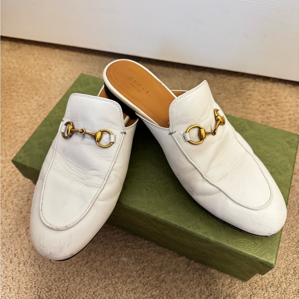Gucci White and Gold Mules with Horsebit Detail